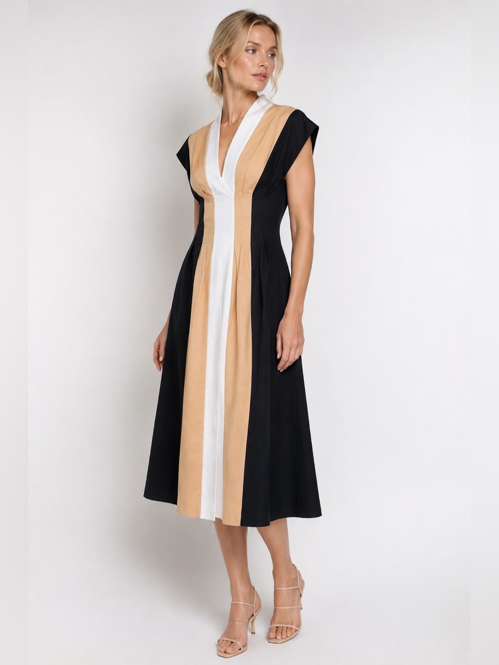 The Fold London Black White Tan Colorblock Midi Dress US 4